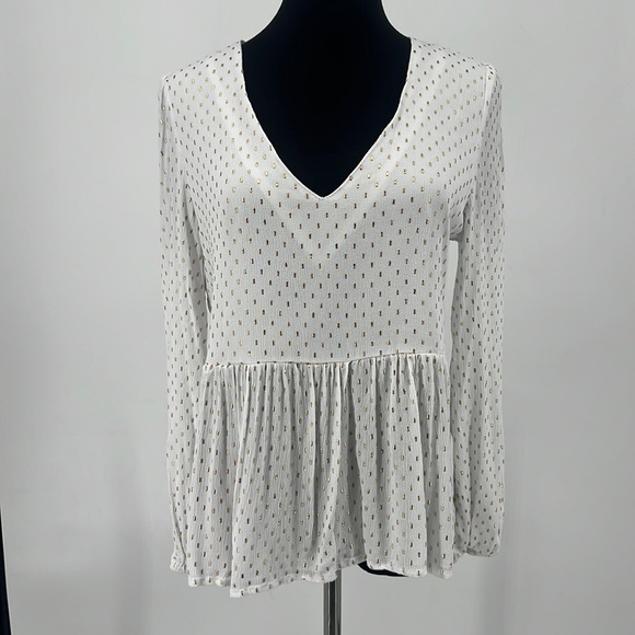 White V-neck Long Sleeve Blouse with Embossed Gold Print Women's size Small - Picture 1 of 7